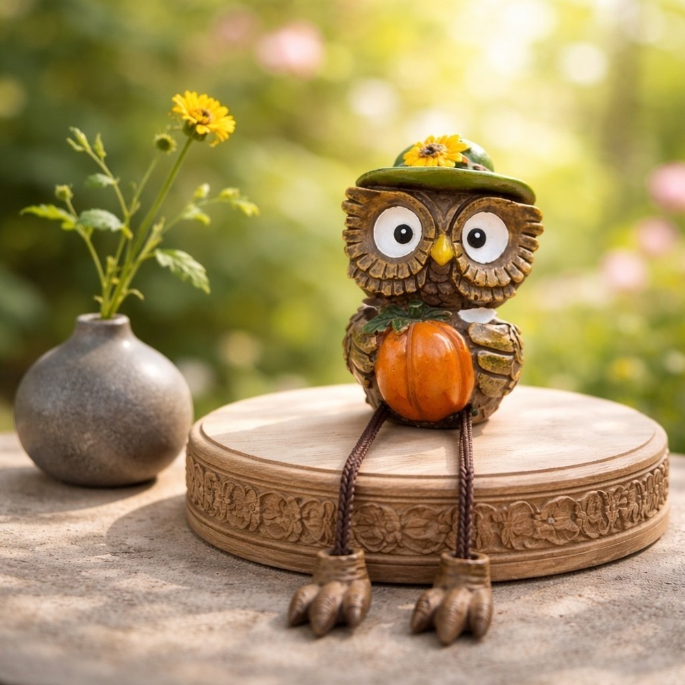 Vintage Owl Holding A Pumpkin‎ Shelf Sitter Resin
